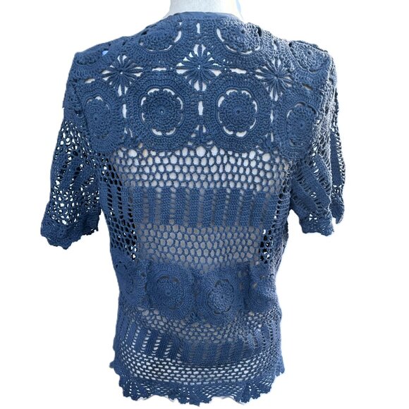 🆕💙OOAK Hand-crochet & Hand-dyed 100% Cotton Short-Sleeve Jacket in Denim Blue - Picture 3 of 6